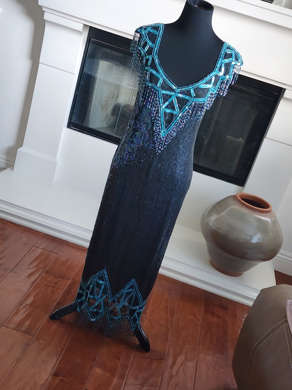 Black Midi Sequin Dress with Teal Beaded Geometric Trim